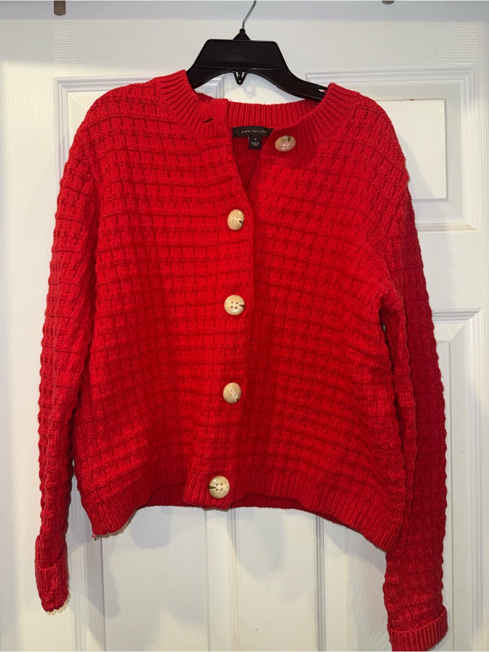Ann Taylor Red Textured Knit Cardigan Button Front Sweater - Size M